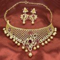 Alluring Gold Plated AD Ruby Broad Bridal|Wedding Choker Set