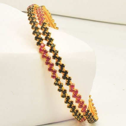Thin Gold Plated Black Cz and Ruby Stone Bangles