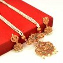 Matte Ruby Emerald Lakshmi Pendant Pearl Necklace Set