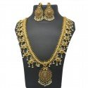 Ruby Adorned Antique Matte Multi-layer Pearls Long Necklace Set