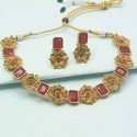 Antique Matte Elegant Bright Red Floral Sufi Necklace Set
