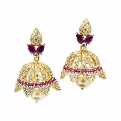 Appealing American Diamond Ruby Jumkha Jimikki Earrings