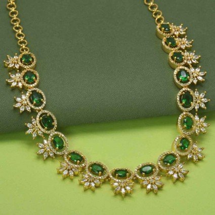 American Diamond Flower Necklace With Green Stones