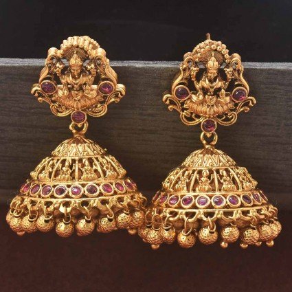 Traditional Antique Matte Lakshmi Ruby Jhumka Earrings
