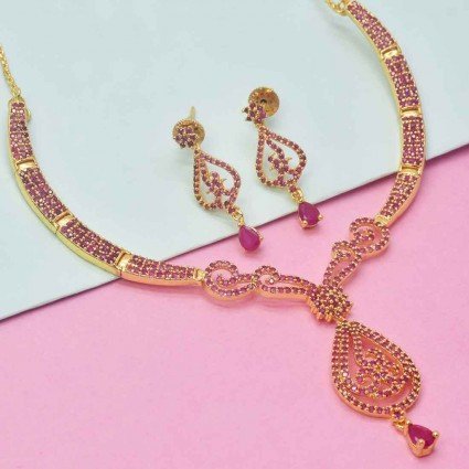 Shimmering Premium Gold Plated Ruby Necklace Set