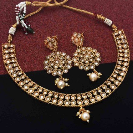 Lustrous Antique Gold Plated Kundan Necklace Set Online|Kollam Supreme