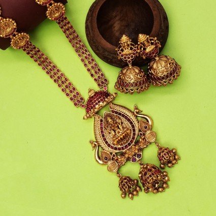 Gold Plated Chettinad Lakshmi Ruby Long Necklace Set