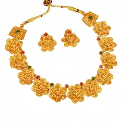 Designer Floral Ruby Emerald Matte Necklace Set Online|Kollam Supreme