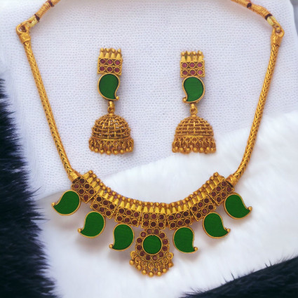 Matte Finish Kerala Style Ruby Green Mango Choker Set