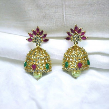 Ruby Emerald And American Diamond Jhumka Jimikki Earrings