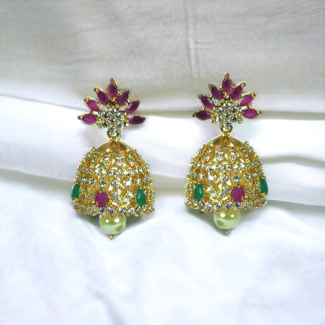 22K Gold Uncut Diamond Chand Bali Earrings With Ruby , Emerald & Japanese  Culture Pearls - 235-DER1053 in 31.050 Grams