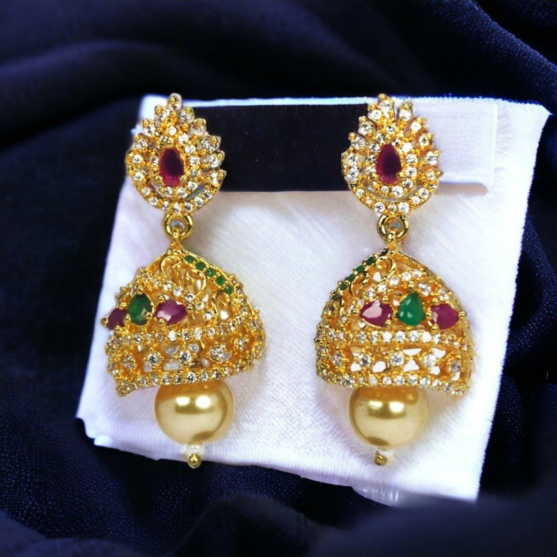 Party Wear Premium AD Ruby Emerald Pearl Jhumka Jimikki Earrings Buy ...