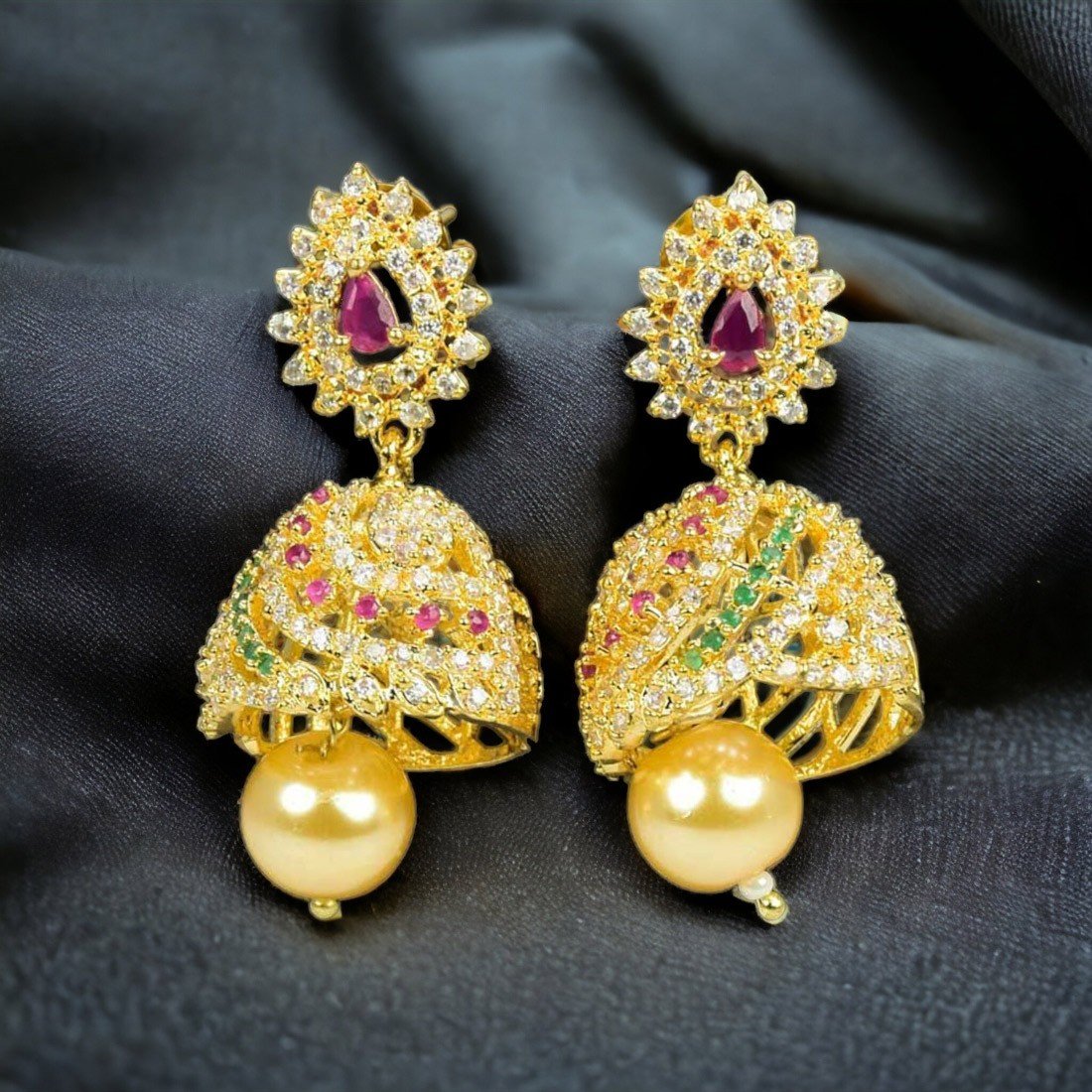 American Diamond Gold Plated Wedding bridal Jhumka Jhumki | South Indi –  Indian Designs