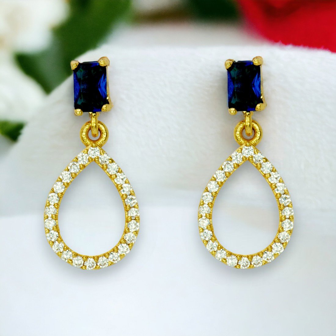 Gold Tone Metal Knot with Blue Stone Screw Back Drop Earrings - Ruby Lane