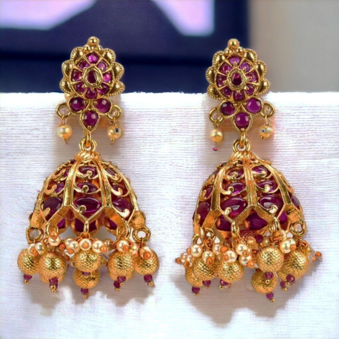 22k Gold Jhumka Earrings in Studded with Pearls, handcrafted using Tra
