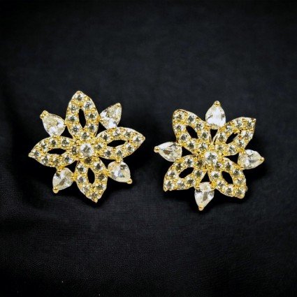 Trendy Gold Plated Cubic Zirconia Floral Ear Studs