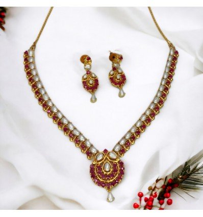 Exquisite Gold Plated Ruby Pearl Necklace Set