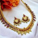 Gold Plated Ethnic Lakshmi Kasu Ruby Pearl Necklace Set