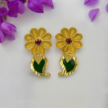 Traditional Gold Plated Ruby Stone Floral Mango Ear Studs