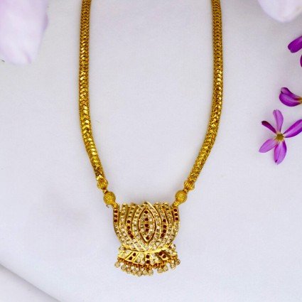 Gold Plated Designer Chain with Big Ruby CZ Lotus Pendant