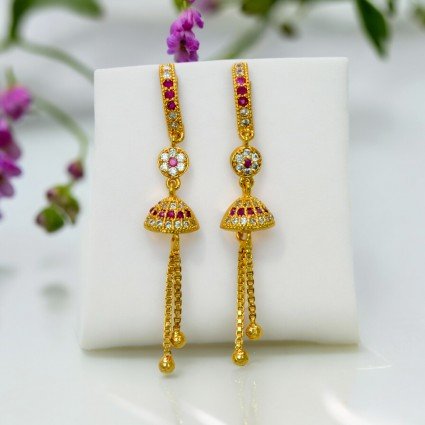 Alluring Gold Plated Tassels Ruby CZ Hoop Jhumka Earrings
