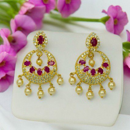 Dazzling Ruby American Diamond Pearl Hanging Bali Earrings