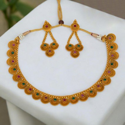 Trendy Designer Ruby Emerald Matte Necklace Set