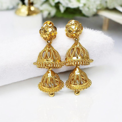 Stylish Gold Plated Two Step Filigree Jhumka Earrings