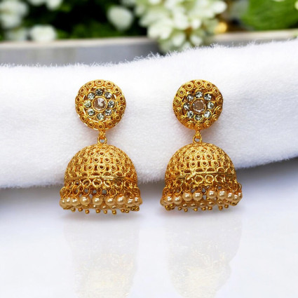 Pearls Hanging Antique Gold Plated Whtie Stone Jhumki Earrings