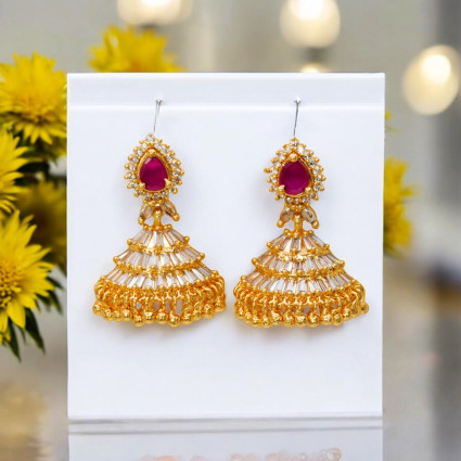 Charming Premium Gold Plated American Diamond Ruby Jhumka/Jimikki Earrings