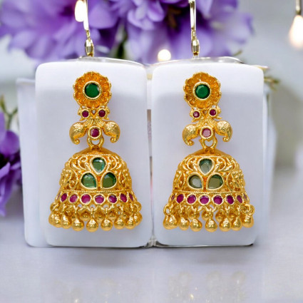 Stylish Ruby Emerald Jhumka Jimikki Earrings