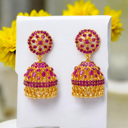 Stylish Gold Plated Ruby Jhumka/Jimikki Earrings