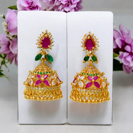 Ruby Emerald And American Diamond Jhumka Jimikki Earrings