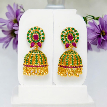 Premium Ruby Emerald And AD Small Jhumka Earrings