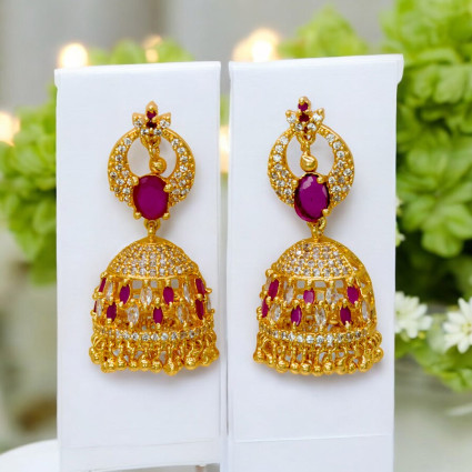 Charming Premium Golden AD Ruby Jhumka/Jimikki Earrings