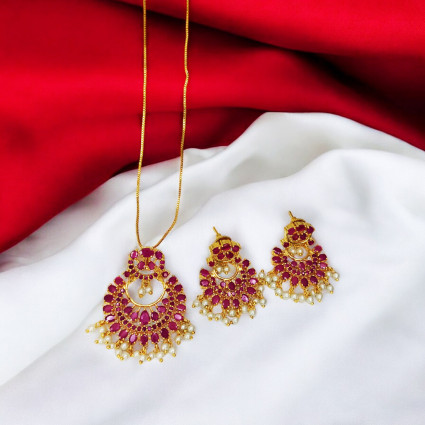 Exquisite Gold-Plated Multicolor Stones and Pearls Pendant Set