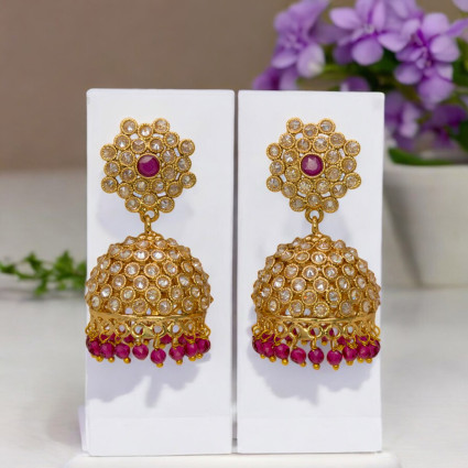 Antique Gold Plated Beads Hanging Kundan Jhumka Earrings