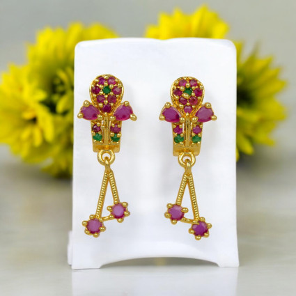 Stunning Gold Plated Ruby Emerald Floral Drop Earrings