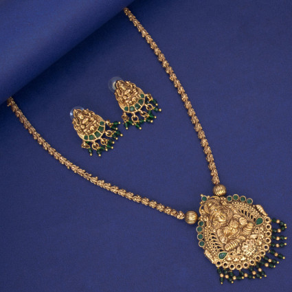 Antique Gold Plated Emerald Stone Lakshmi Pendant Set