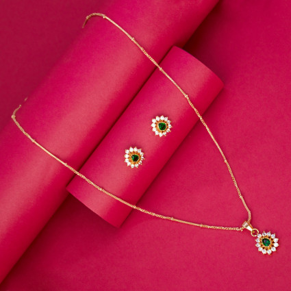 Simple Chain CZ Floral Emerald Pendant Set for Girls