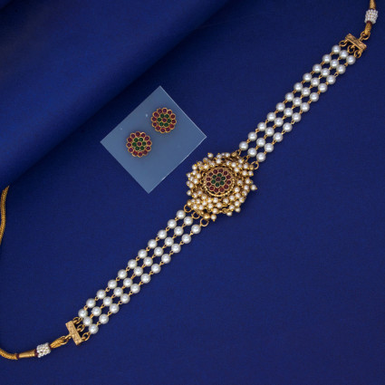 Antique Multi-colour Stone Three Layered Pearl Choker Set