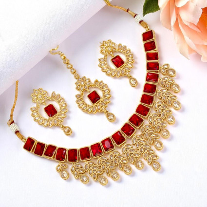 Gold Plated Stylish Square Cut Stone Necklace Set