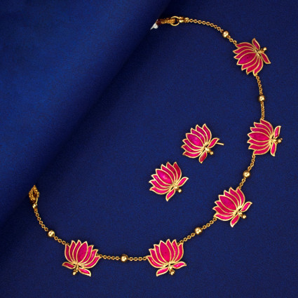 Lotus Design Matte Gold-Plated Beads Chain Necklace Set