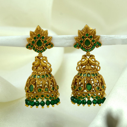 Stylish Antique Gold Plated Peacock Stone Jhumka