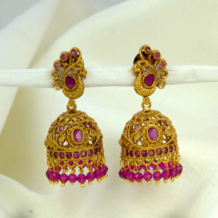Trendy Antique Gold Plated Peacock Stone Jhumka