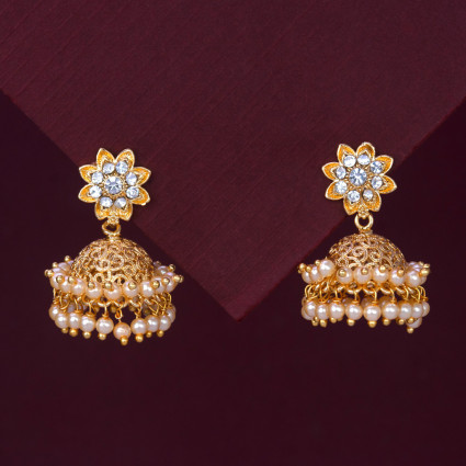 Pearls Hanging Gold Plated White Stone Floral Jhumka