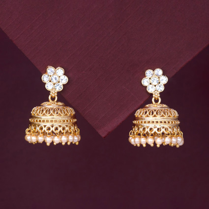 Gold Plated White Stone Floral Stud Pearl Hanging Jhumka