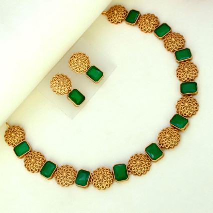 Antique Matte Floral Square Stone Sufi Necklace Set