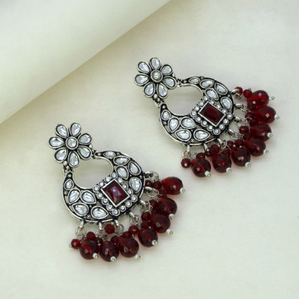 Oxidized Silver Floral Chandbali Crystal Earrings