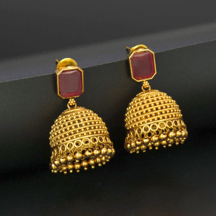 Traditional Matte Gold Ruby Jhumka Earrings